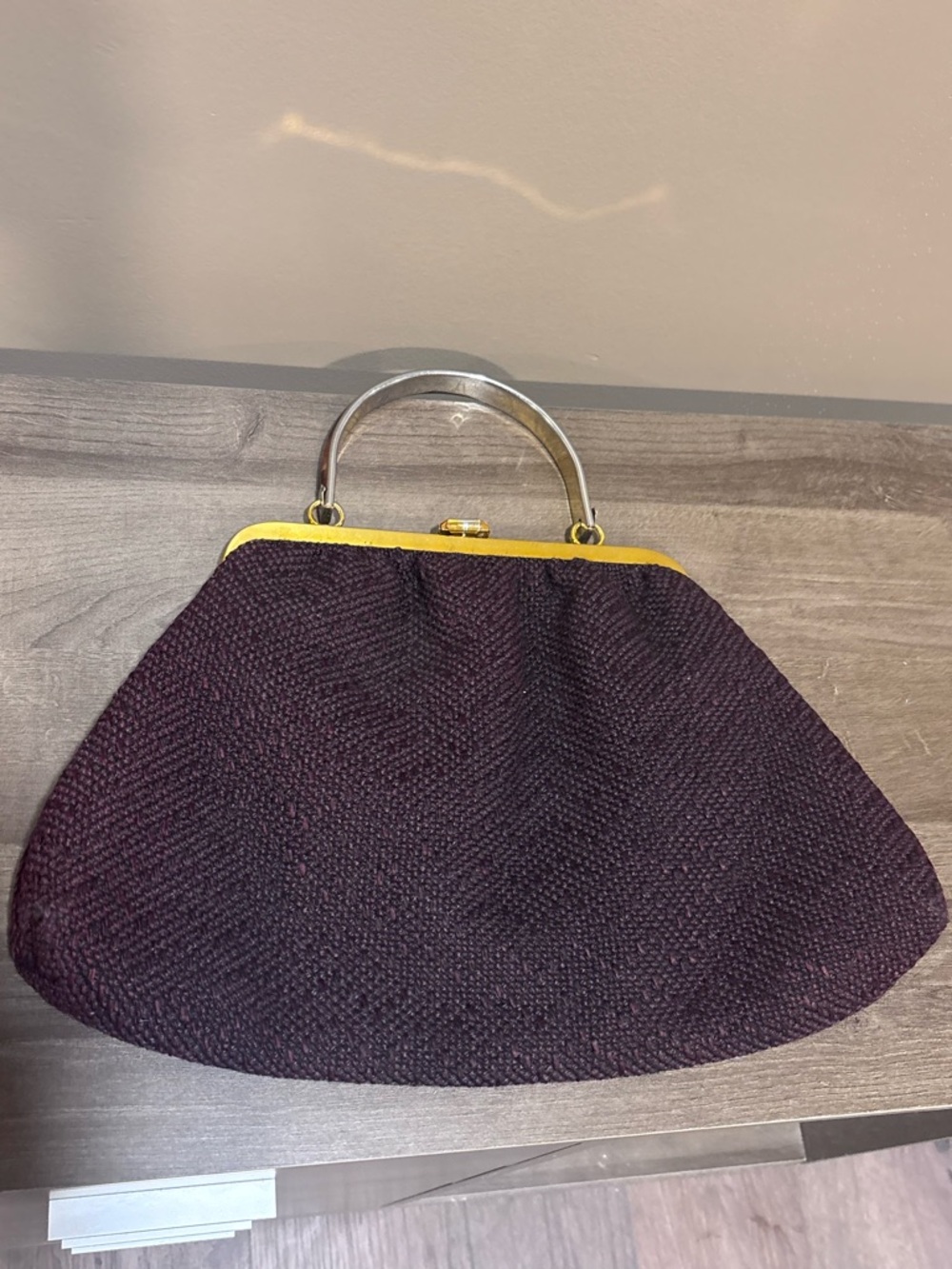 Structured Dark Plum Frame-Top Handbag with Yellow Trim